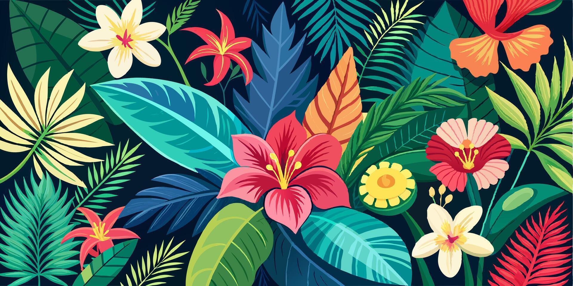 tropical flowers and leaves on a dark background vector