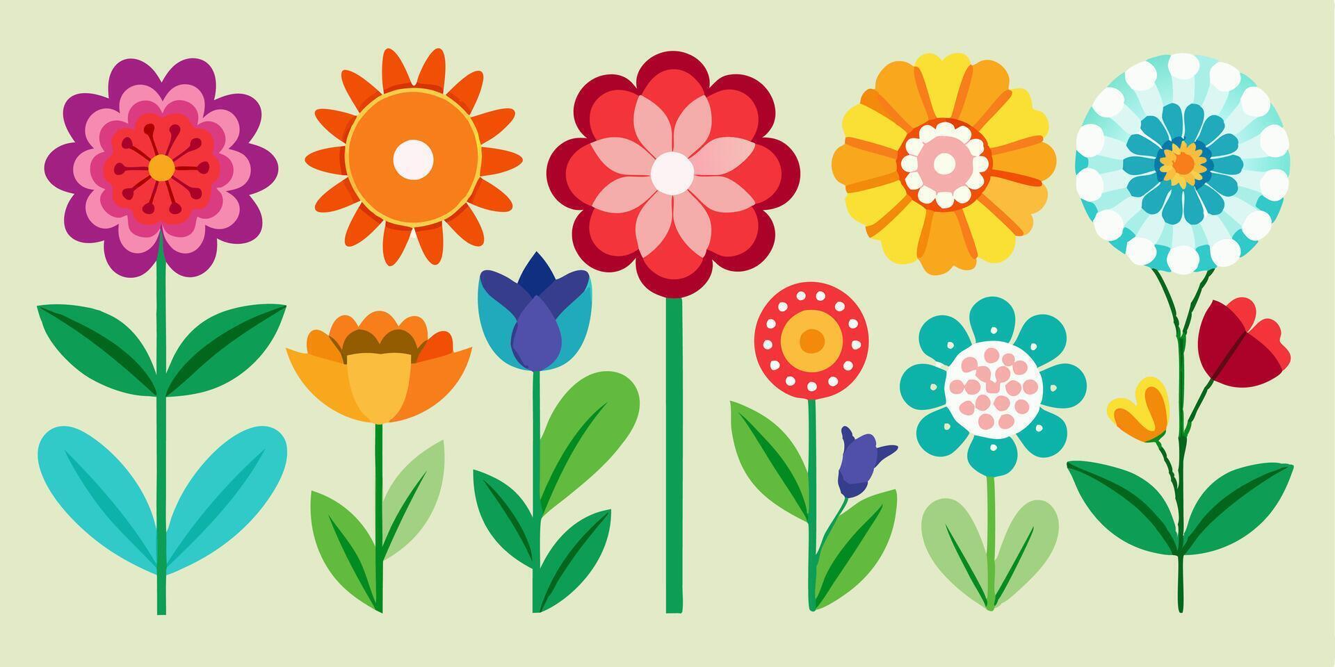 a set of colorful flowers with leaves and petals vector