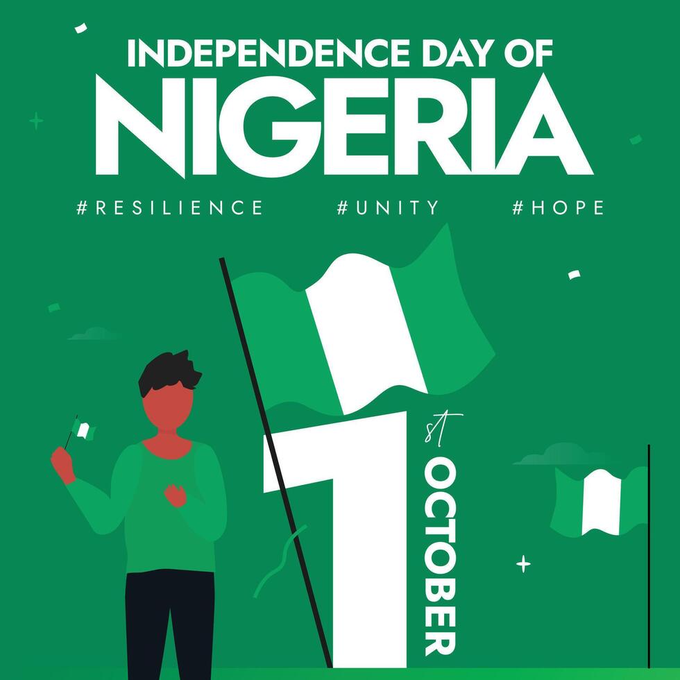 Independence day of Nigeria. 1st October Nigeria Independence day banner, background, post with its flags, a boy character holding flag. The country gained freedom from Britain in 1960. vector