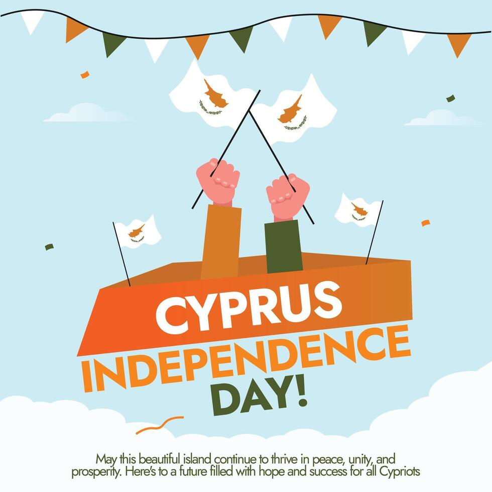 Cyprus Independence day background, banner, post. 1st October Independence day of Cyprus celebration banner with its flags, hand fists in air holding flags vector