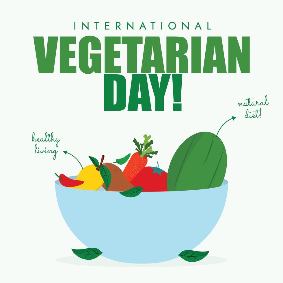 World Vegetarian Day. 1st october Vegetarian day celebration banner, post with a bowl full of fruits and vegetables vector