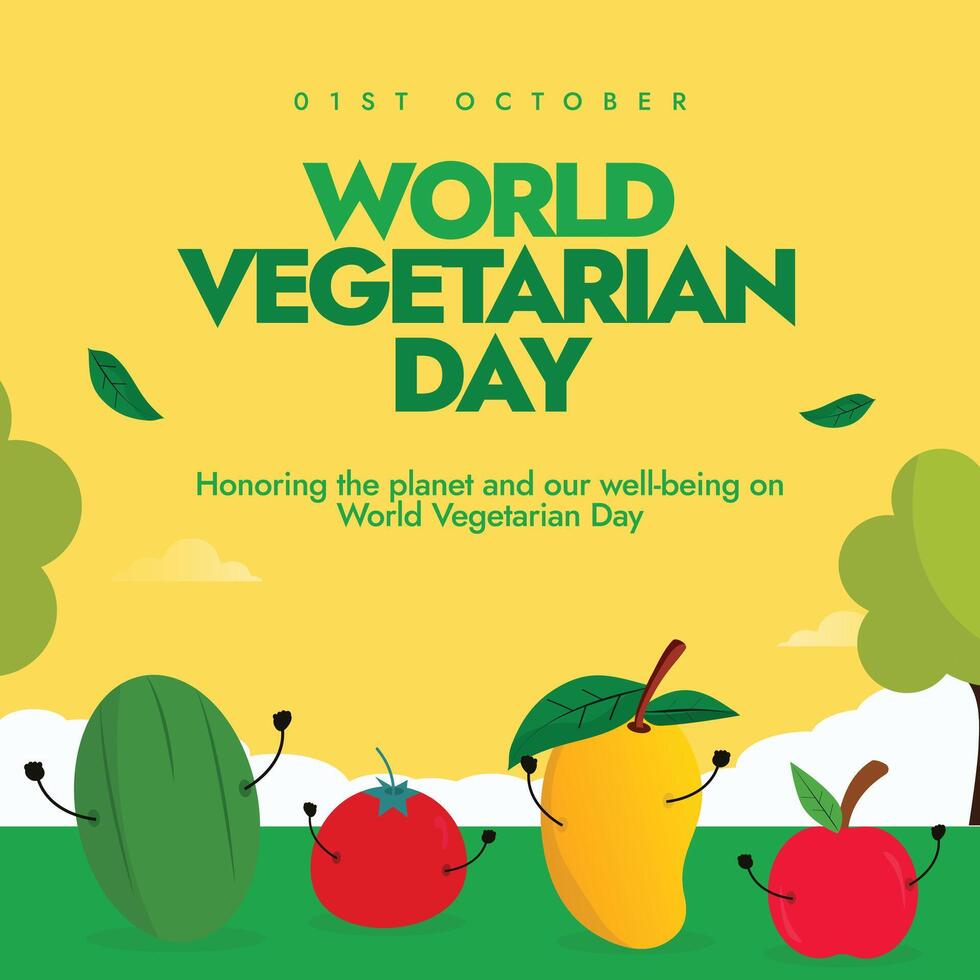 1st october Vegetarian day celebration banner, post with fruits and vegetables icons vector