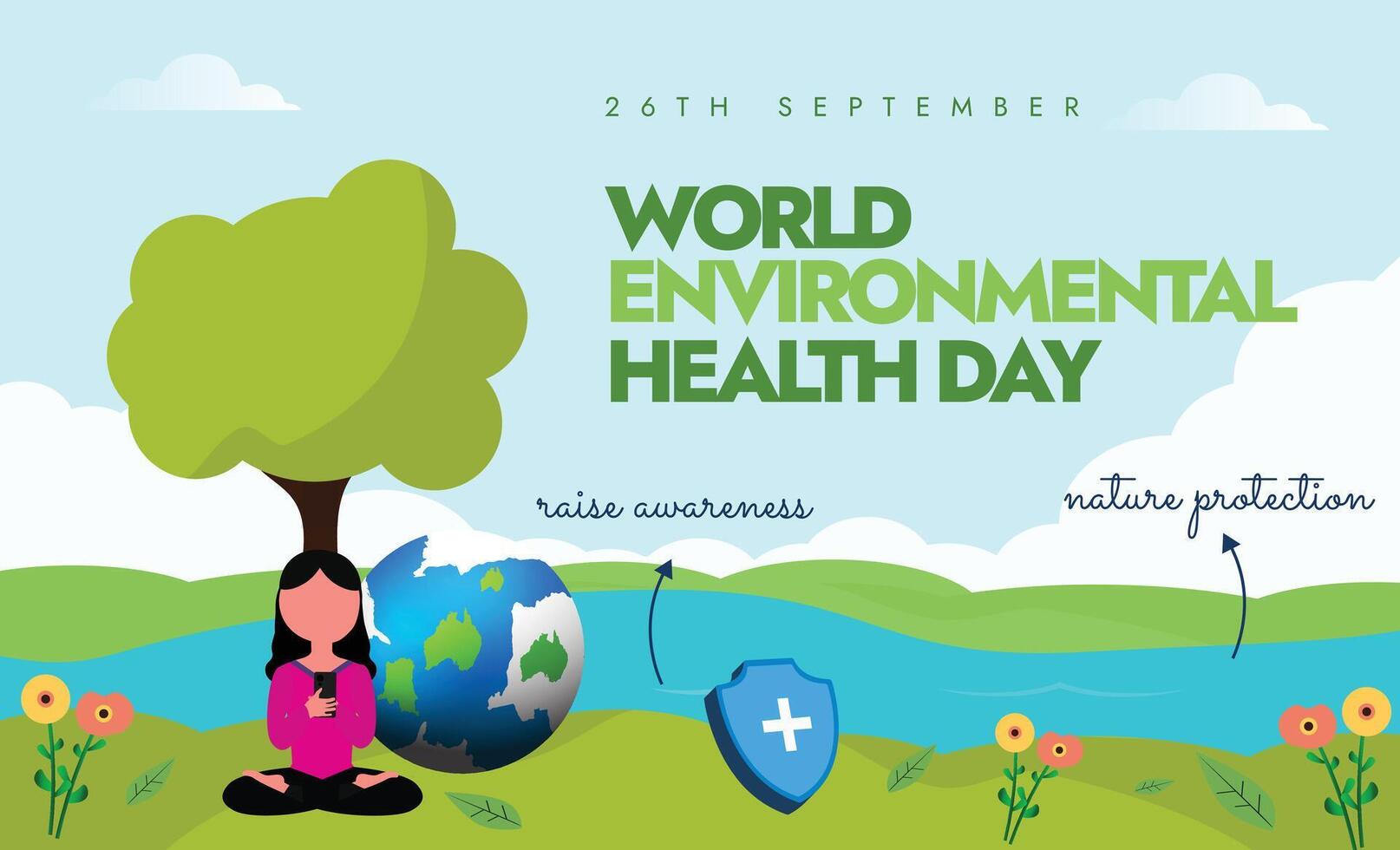 World Environmental health day. 26th September Environmental health day banner, post with a girl, an earth globe, tree, river view. vector
