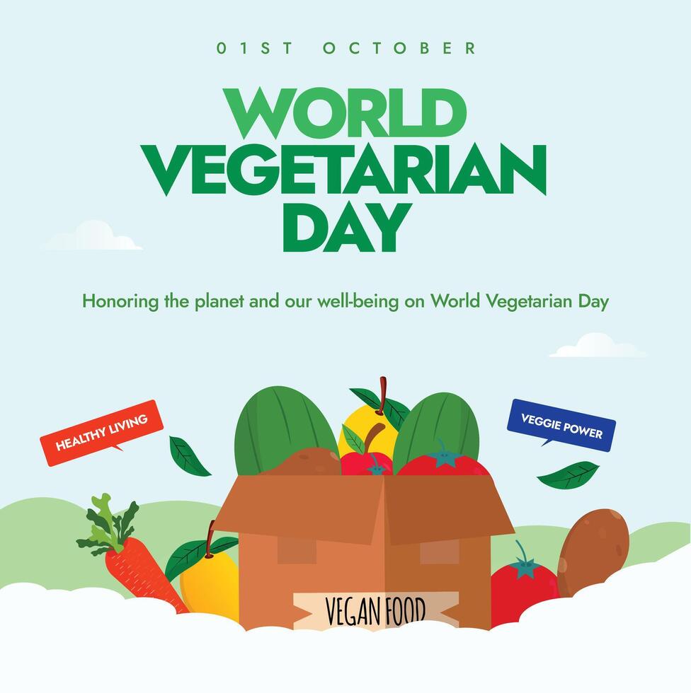 World Vegetarian Day celebration banner, post. 1st October Vegetarian day celebration banner, post with lost of different vegetables and fruits in a carton box. The theme for 2024 is Mix it up. vector