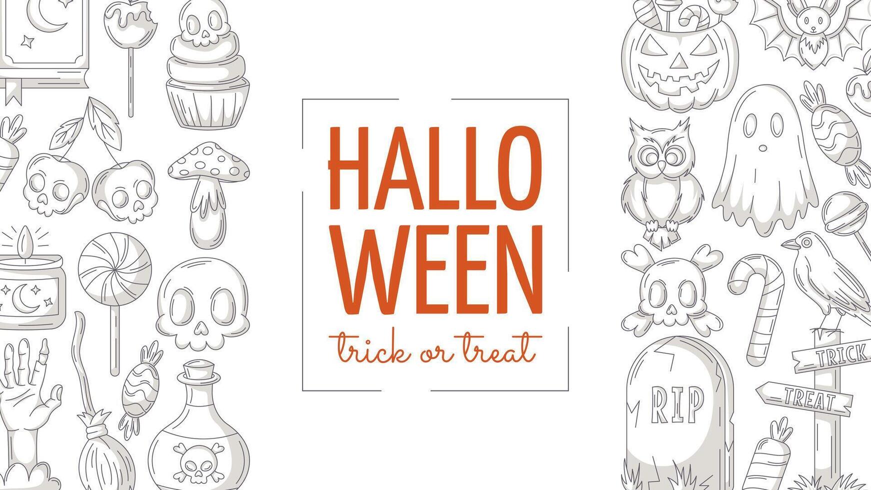 Halloween minimalist banner, horizontal background with spooky, scary icons and holiday text. Flat illustration, monochrome gray sides border frame. For festival, party, invitation, poster vector