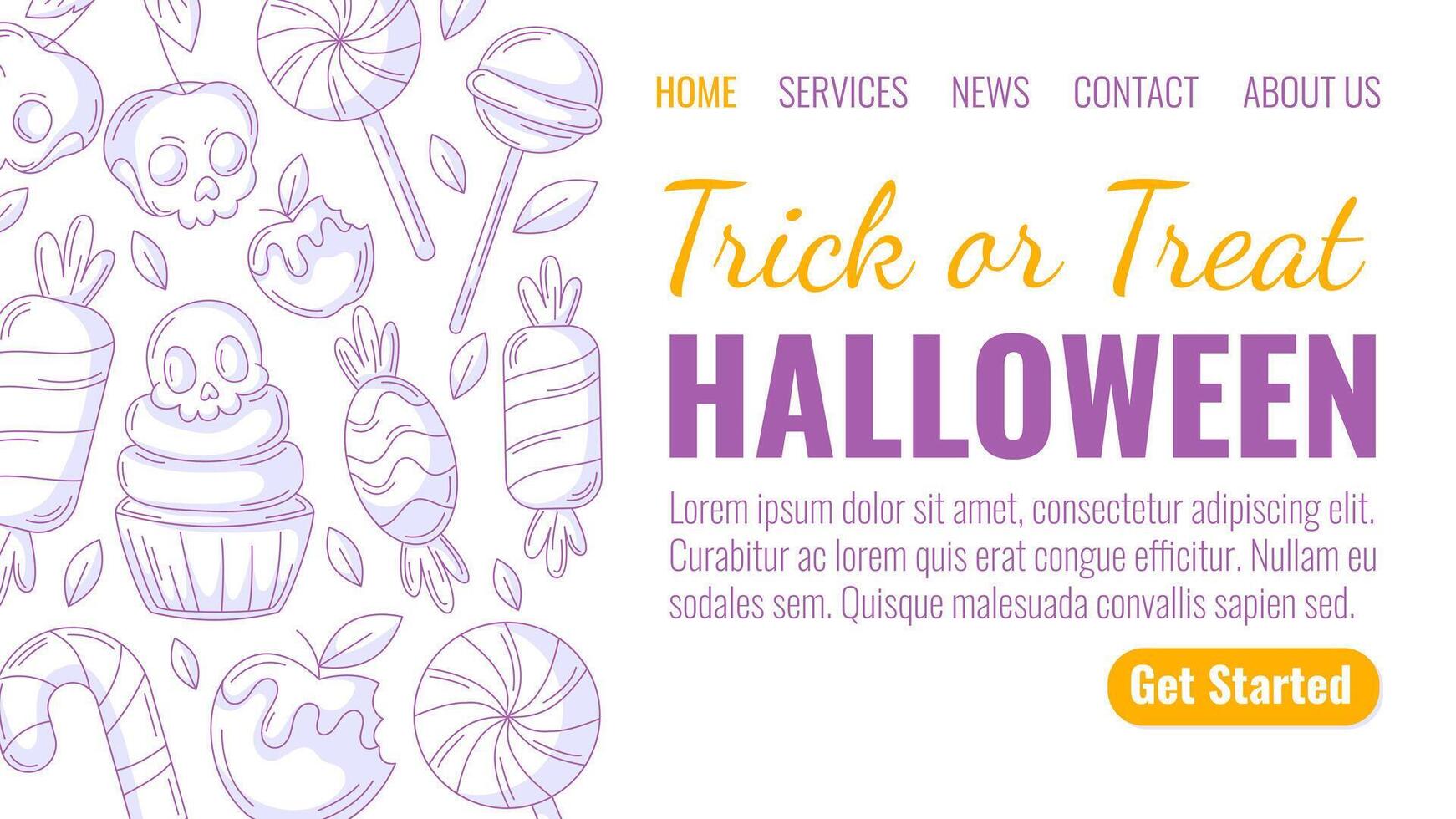 Halloween minimalist landing page template. Holiday flat side border frame, purple sweets icons. Candy cane, lollipop, skull shape cherry, cupcake. For website, web page, online, banner, party. vector