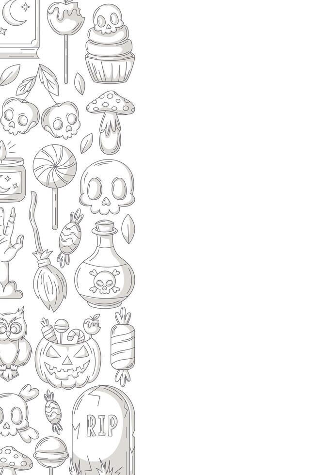 Halloween poster, vertical a4 background, space for text. Minimalist gray icons, left side border frame. Holiday skull, sweets, zombie hand, pumpkin. For banner, invitation, party, planner vector