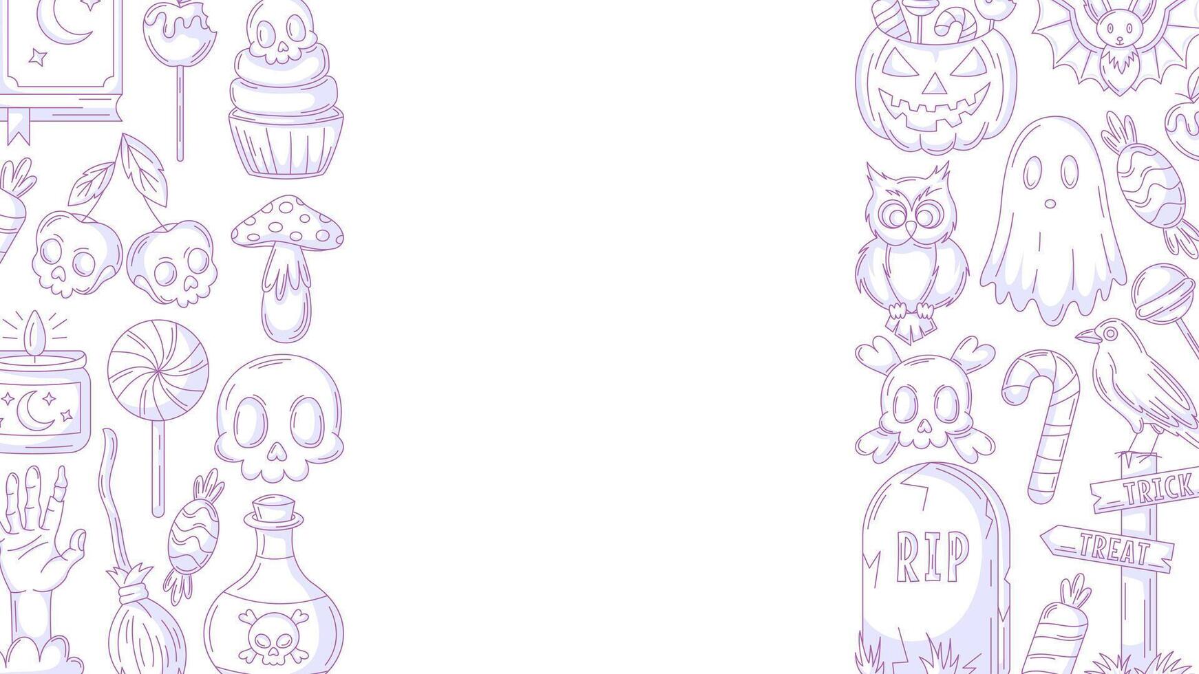 Halloween minimalist banner, horizontal background with spooky, scary icons and space for text. Flat illustration, monochrome purple sides border frame. For festival, party, invitation, poster vector