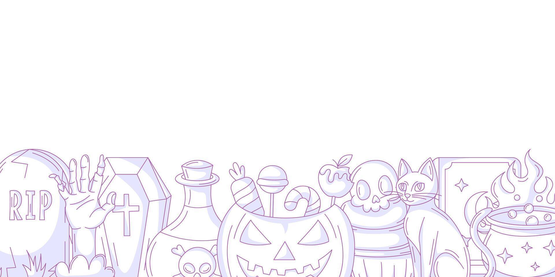 Halloween minimalist banner, horizontal background with spooky, scary purple icons, bottom frame, space for text. Flat illustration. For greeting card, festival, party, invitation, poster vector