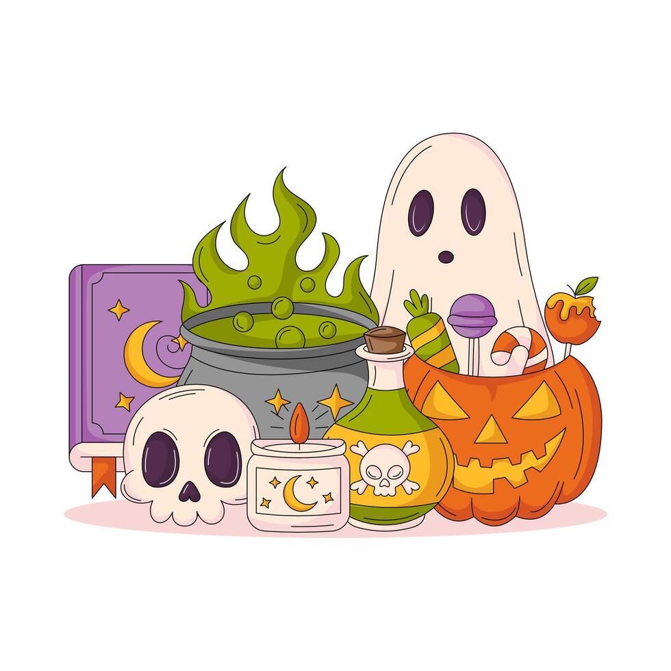 Halloween illustration. Pumpkin with sweets, cauldron and bottle with magic potion, spell book, ghost, candle, skull. Square card for social media, print, sticker. Scary and spooky composition vector