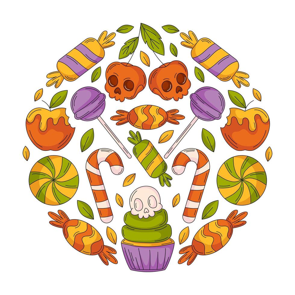 Halloween illustration, square poster with round shape geometric figure. Sweets from lollipop, candy cane, skull shape cherry. Holiday october postcard for social media, holiday, greeting card vector