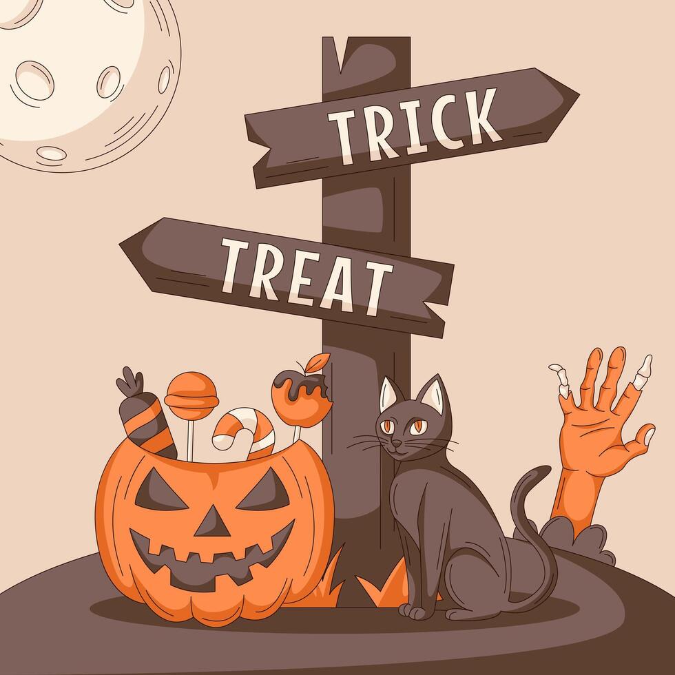 Halloween illustration, square poster, greeting card with cat, direction sign with text trick or treat, pumpkin, sweets and moon. Autumn october postcard for social media, holiday, celebration vector