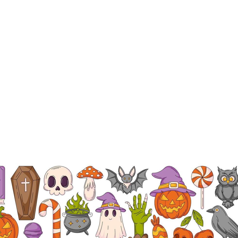 Halloween square poster, space for text. Colorful bottom frame with spooky, scary icons from skull, ghost, pumpkin, sweets, bat. For card, banner, invitation, social media, party or note vector