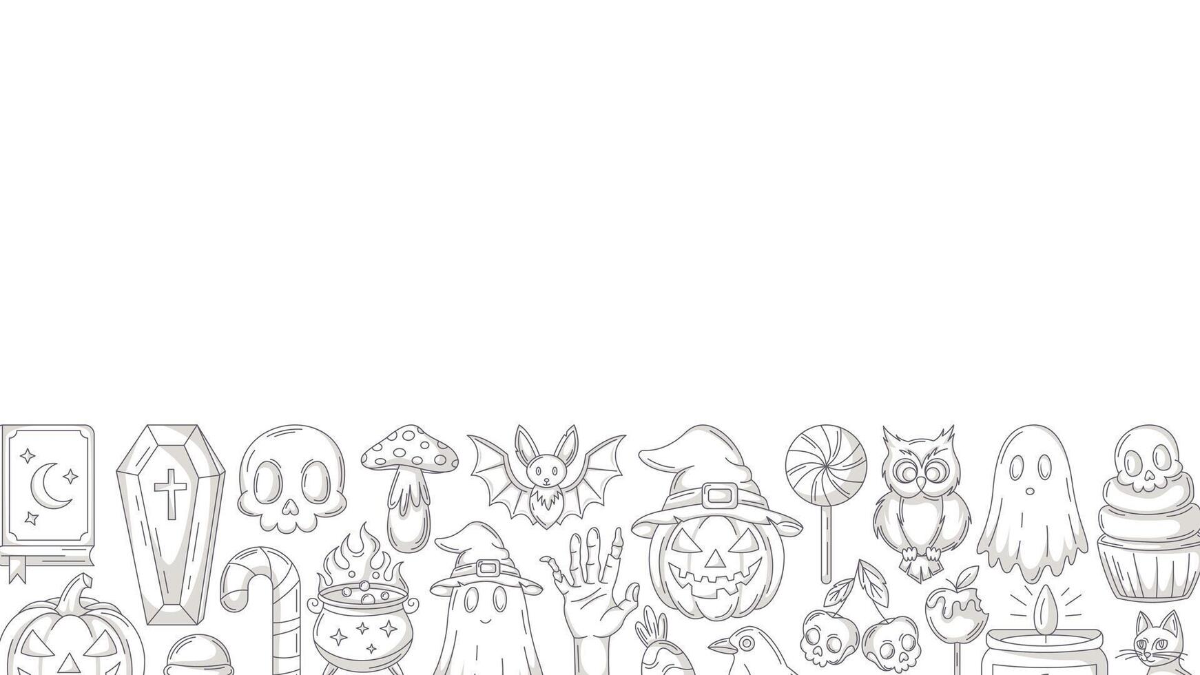 Halloween minimalist banner, horizontal background with spooky, scary icons. Flat illustration, monochrome gray bottom border frame, space for text. For festival, party, invitation, poster vector