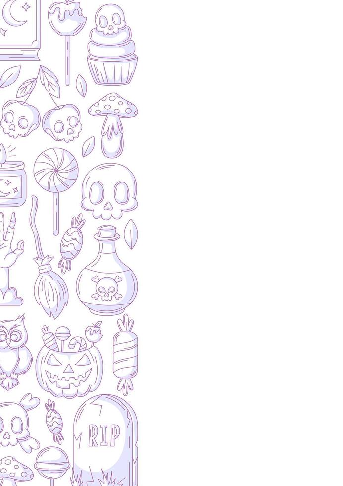 Halloween poster, vertical a4 background, space for text. Minimalist scary icons, left side border frame. Holiday skull, sweets, zombie hand, pumpkin. For banner, invitation, party, planner vector