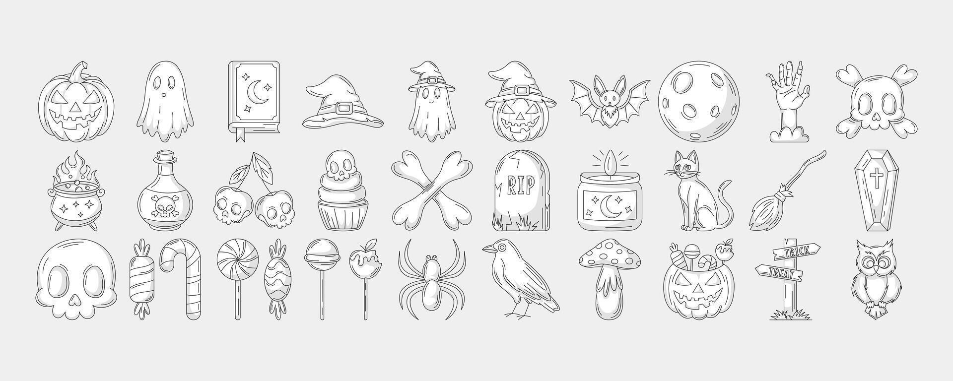 Halloween monochrome black line icons set, editable stroke and color. October scary, spooky collection. Pumpkin, sweets, ghost, spell book, witch hat, skull and bones, zombie hand vector