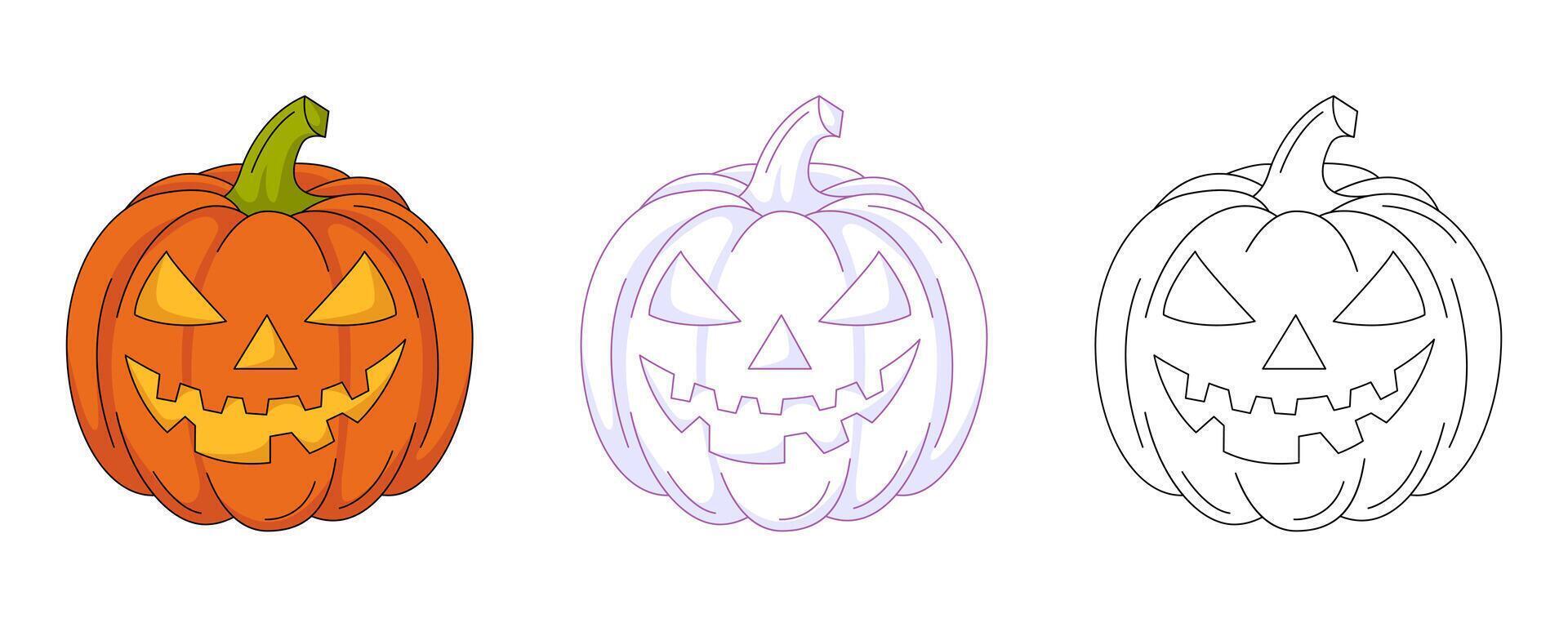 Halloween pumpkin with spooky face, colorful and line icon set. Traditional holiday vegetable. Flat icon, monochrome purple, color, outline illustration. For logo, sticker, coloring book, label vector