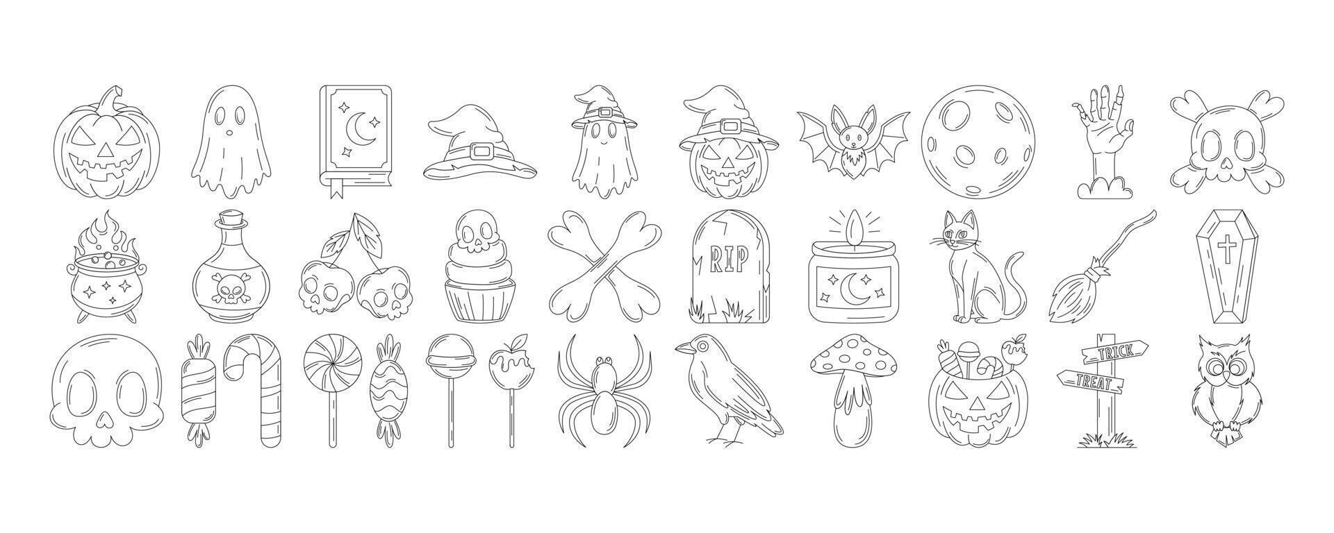 Halloween line icons set, editable black stroke. Autumn celebration collection, october scary and spooky elements. Pumpkin, sweets, ghost, spell book, witch hat, skull and bones vector