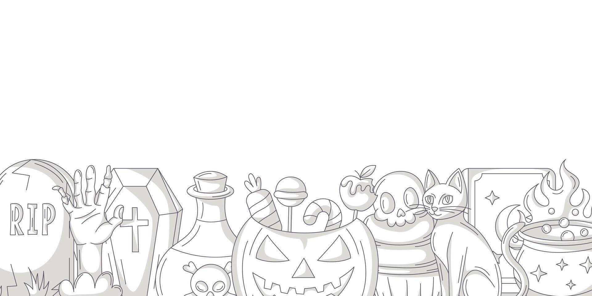 Halloween minimalist banner, horizontal background with spooky, scary gray icons, bottom frame, space for text. Flat illustration. For greeting card, festival, party, invitation, poster vector