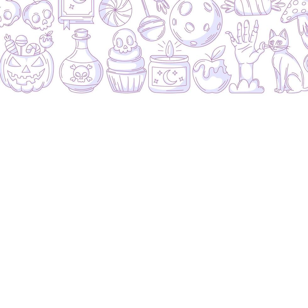 Halloween minimalist square poster, space for text. Upper frame with spooky, scary purple icons from zombie hand, cat, sweets, pumpkin. For card, banner, invitation, social media, party or note vector