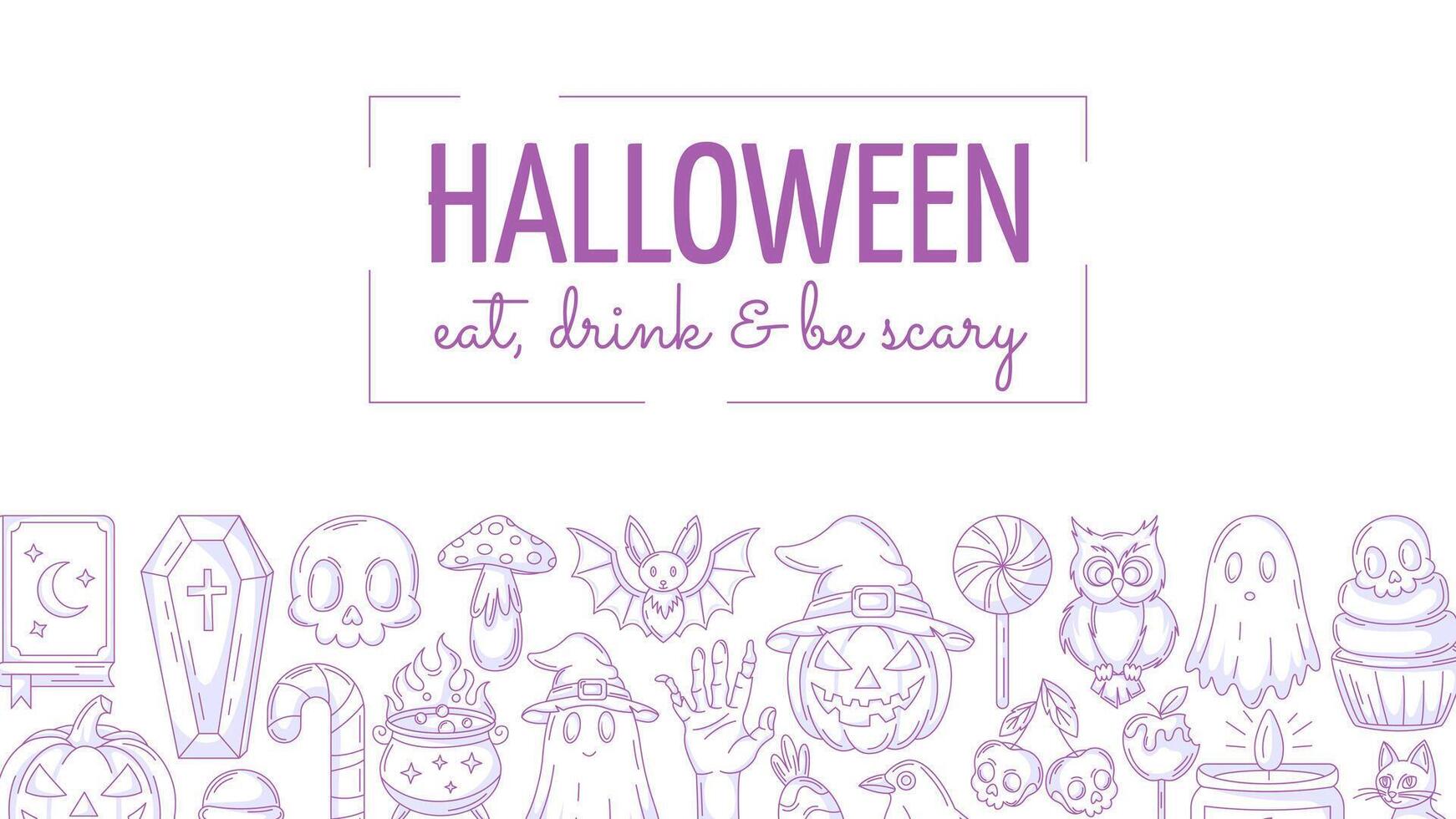 Halloween minimalist banner, horizontal background with spooky, scary icons. illustration, monochrome purple bottom border frame, holiday text. For postcard, party, invitation, poster vector