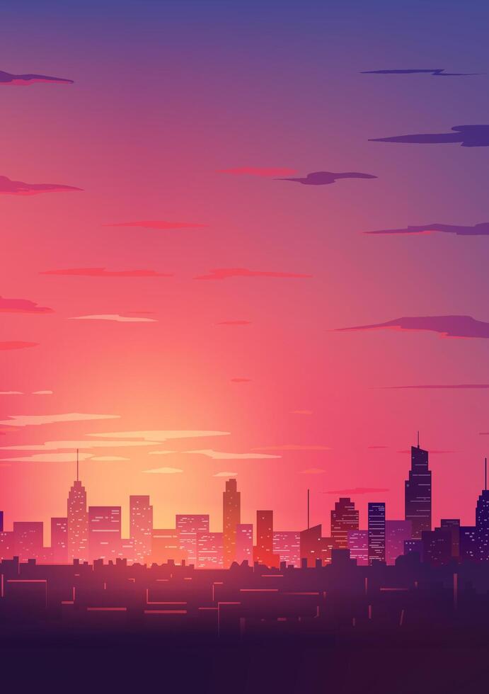 Hand painted vertical landscape illustration of a city at sunset or sunrise vector