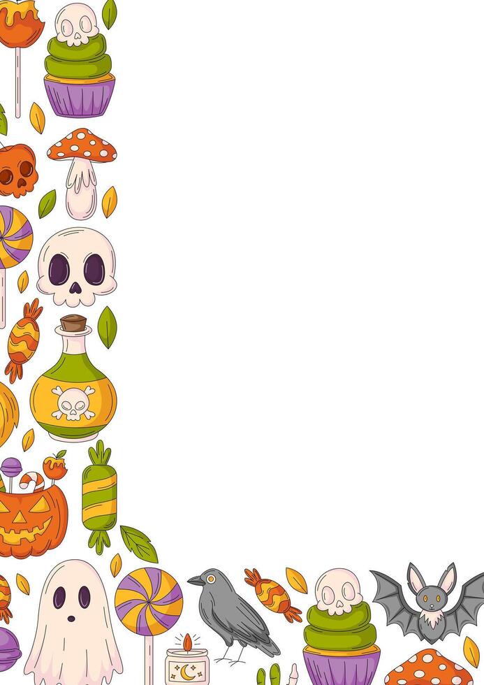 Halloween poster, vertical a4 background, space for text. Colorful scary icons corner border frame. Spooky ghost, skull, sweets, raven, holiday pumpkin. For banner, invitation, party, planner vector