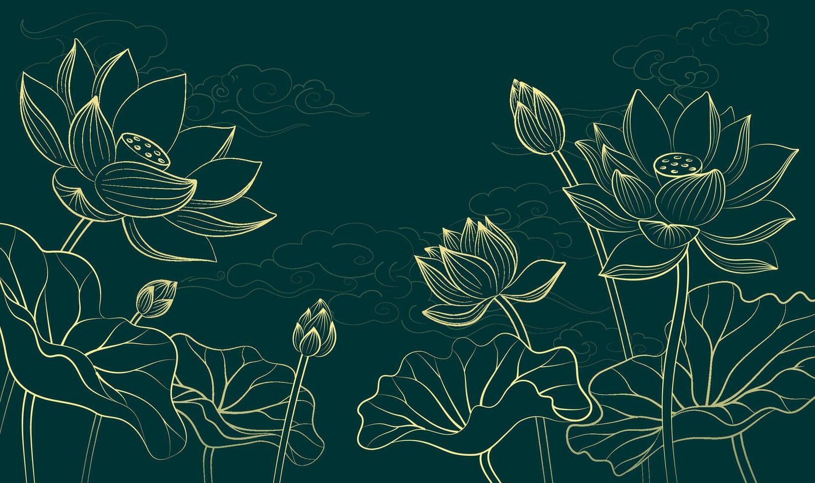 Hand drawn elegant linear illustration of a lotus flower on a dark background vector