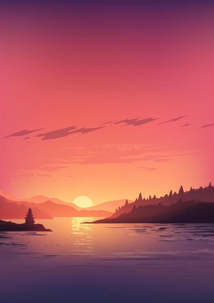 Hand painted vertical landscape illustration of mountains and sea at sunset or sunrise vector