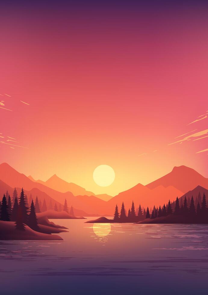 Hand painted vertical landscape illustrations of mountains and lakes at sunset or sunrise vector