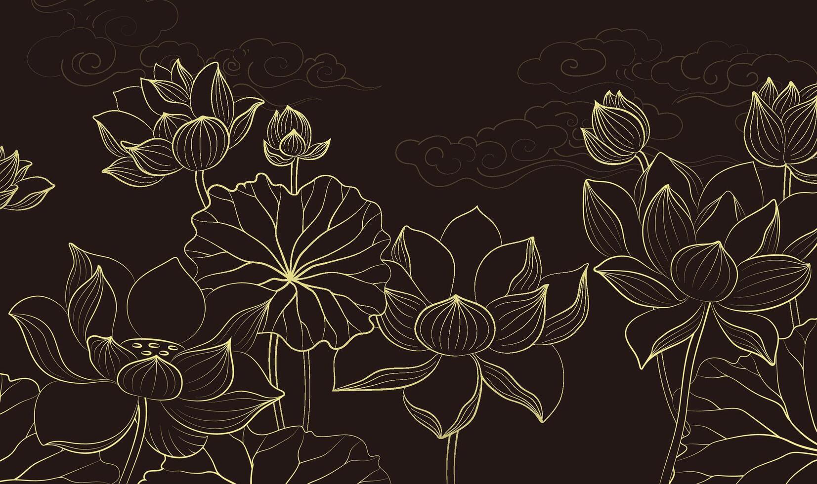 Hand painted elegant linear illustration of Lotus leaf Lotus on a dark background vector