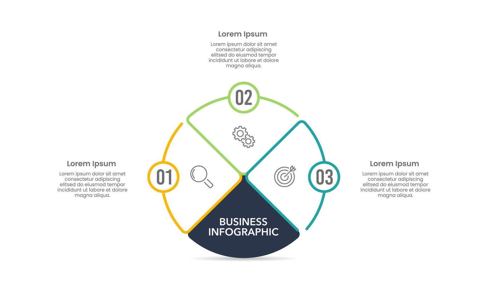 Circle Infographic design template. 3 steps to achieving of company goals. Business presentation, Planning, Strategy and Marketing. vector
