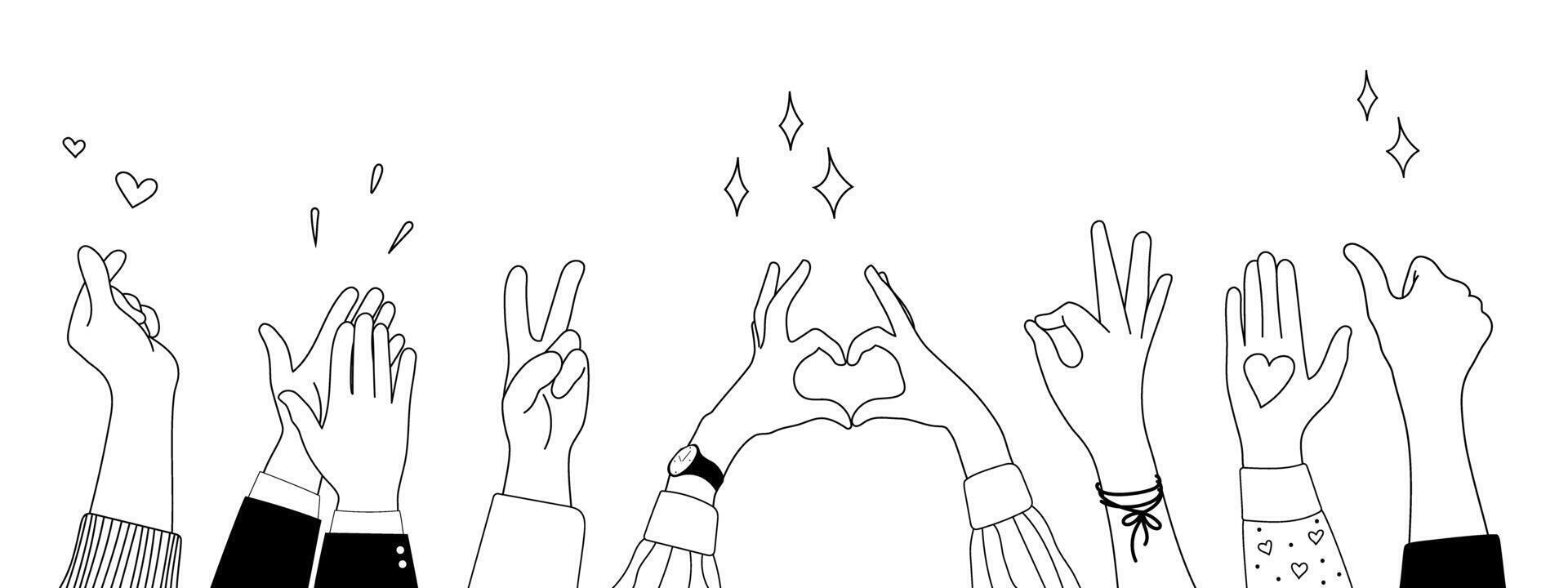 Doodle sketch hands up gestures comic icons silhouettes set. vector