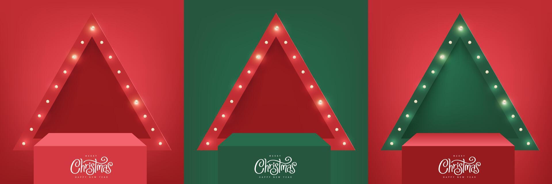Merry Christmas banner set with product display and Retro light bulbs sign triangle background vector