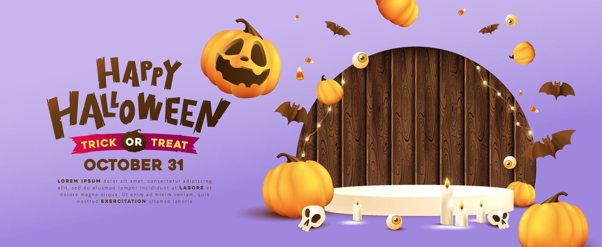 Happy Halloween banner background with product display wooden board sign and pumpkins Festive Elements Halloween vector