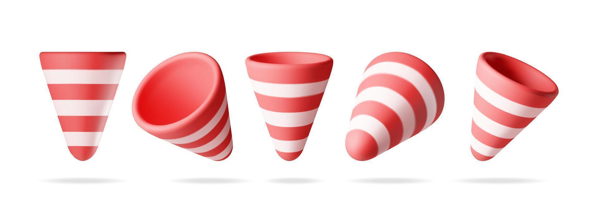 3D set of empty party popper isolated. Render collection of plasticine confetti vector