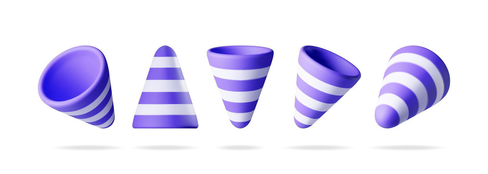 3D set of empty party popper isolated. Render collection of plasticine confetti popper vector