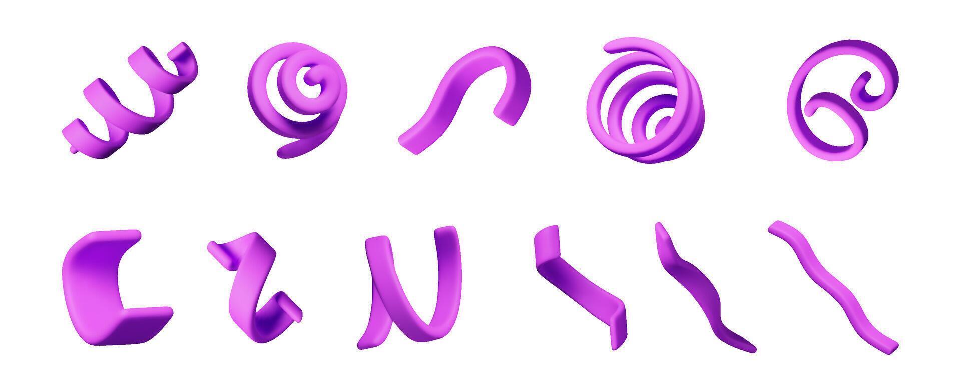 3d set of spiral confetti. Render colorful serpentine vector