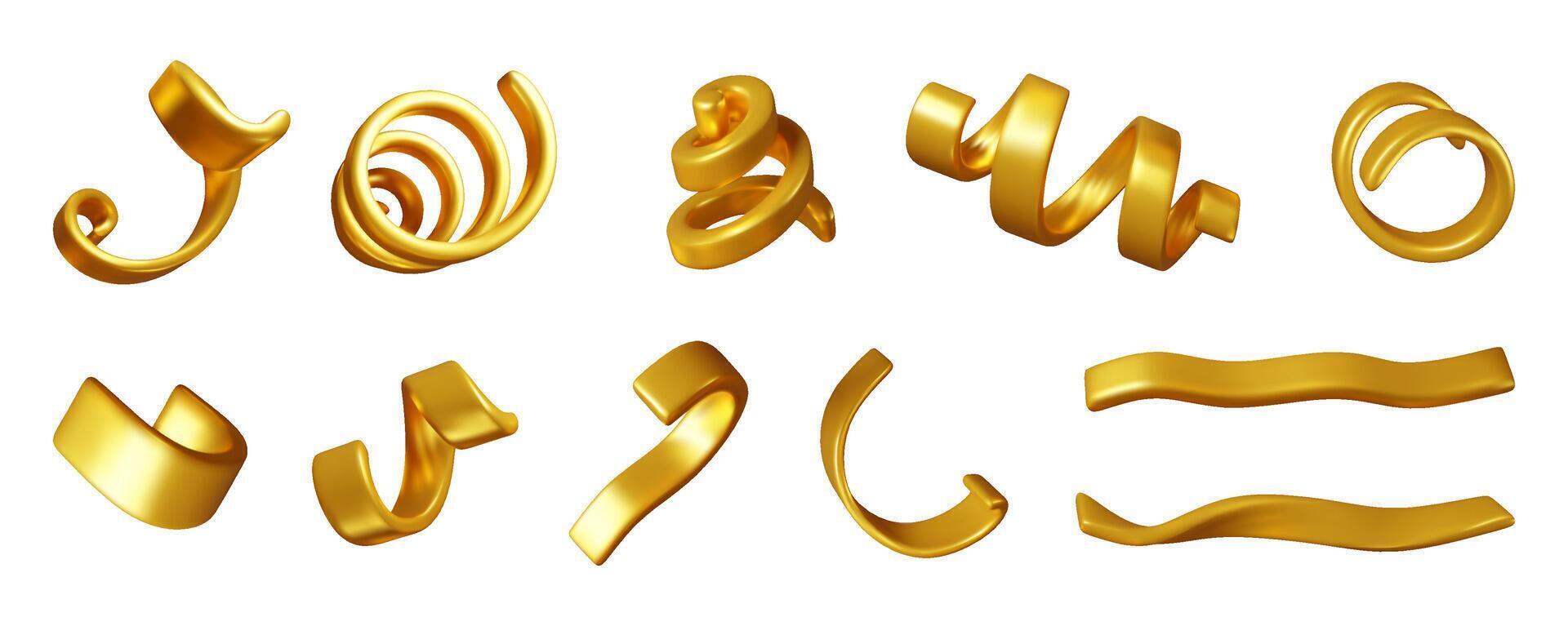 3d set of gold spiral confetti isolated. vector