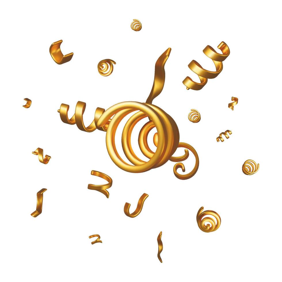 3d set of gold spiral confetti isolated. Render colorful serpentine vector