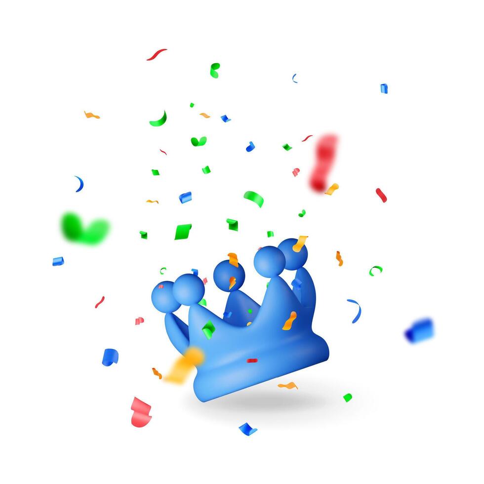 3D blue crown icon and confetti. Render colorful confetti around crown vector
