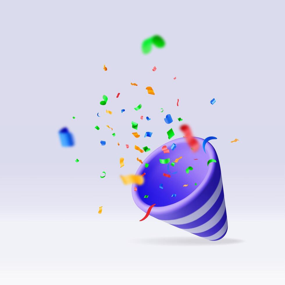 3D party popper with confetti isolated on white. vector