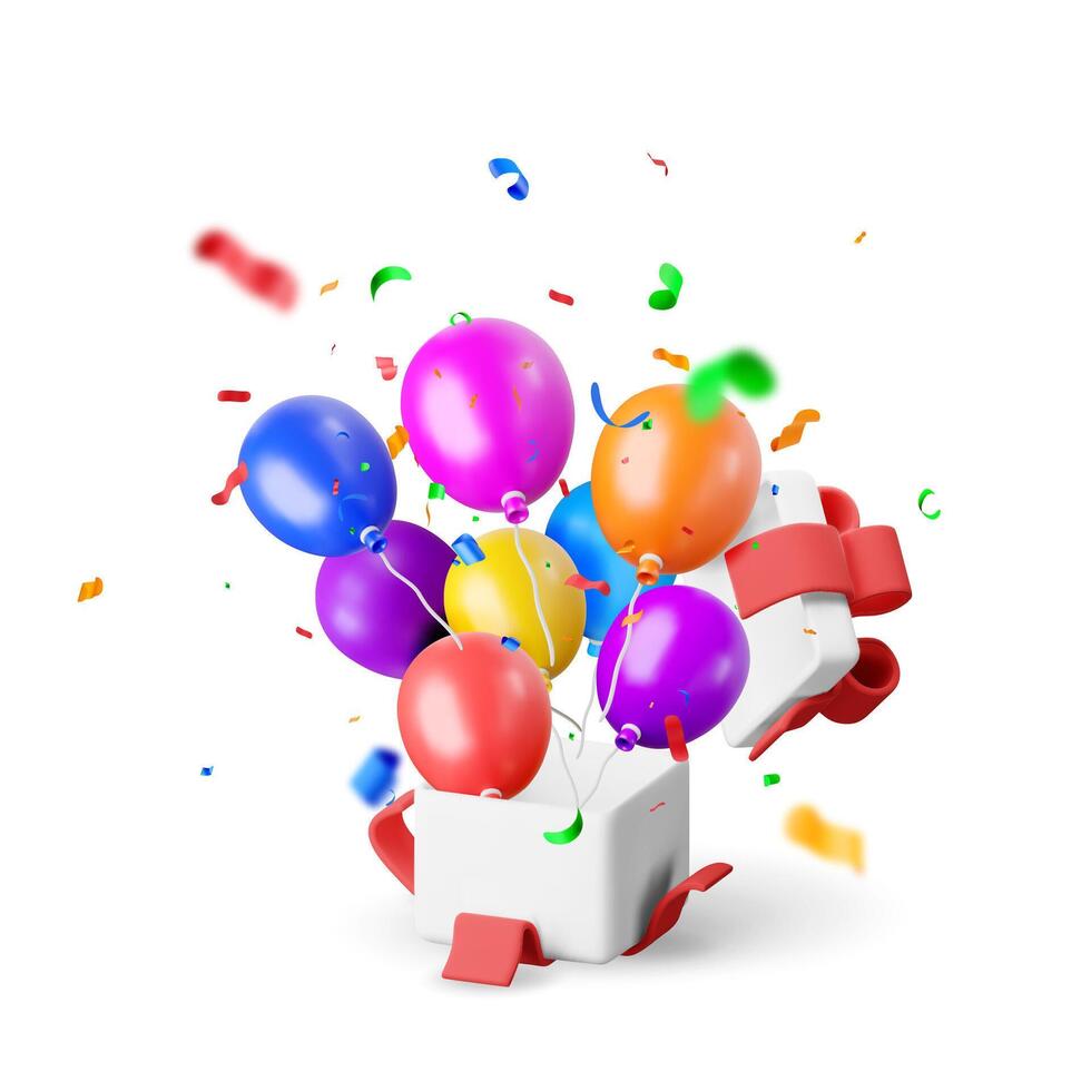 3D shiny gift box with balloon in confetti isolated vector