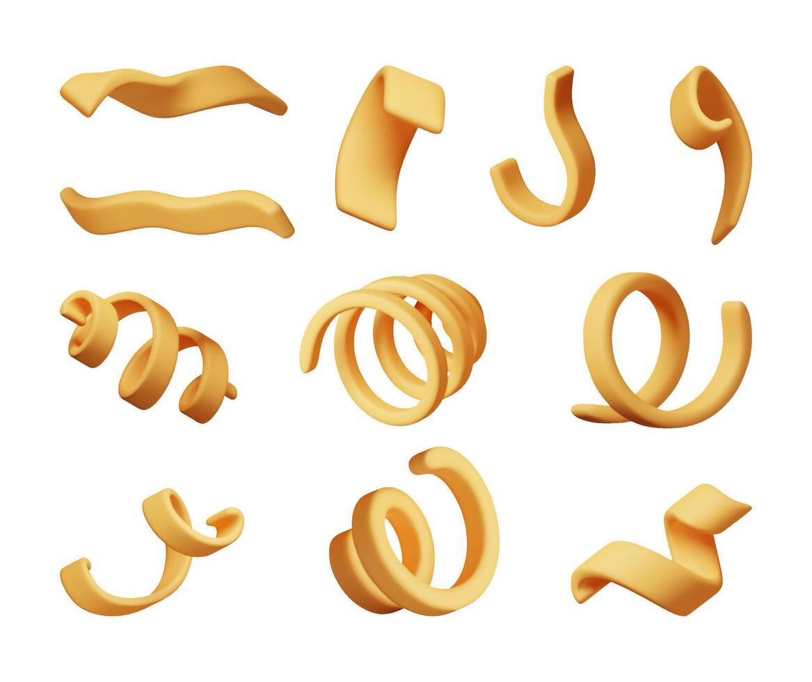 3d set of spiral confetti isolated. Render colorful serpentine collection. Different curly ribbon vector