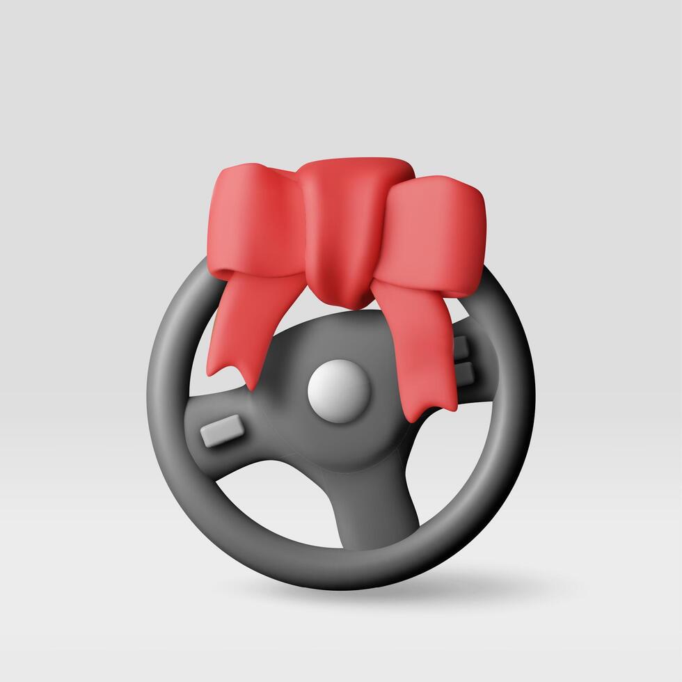 3D car steering wheel with red bow isolated on white. vector