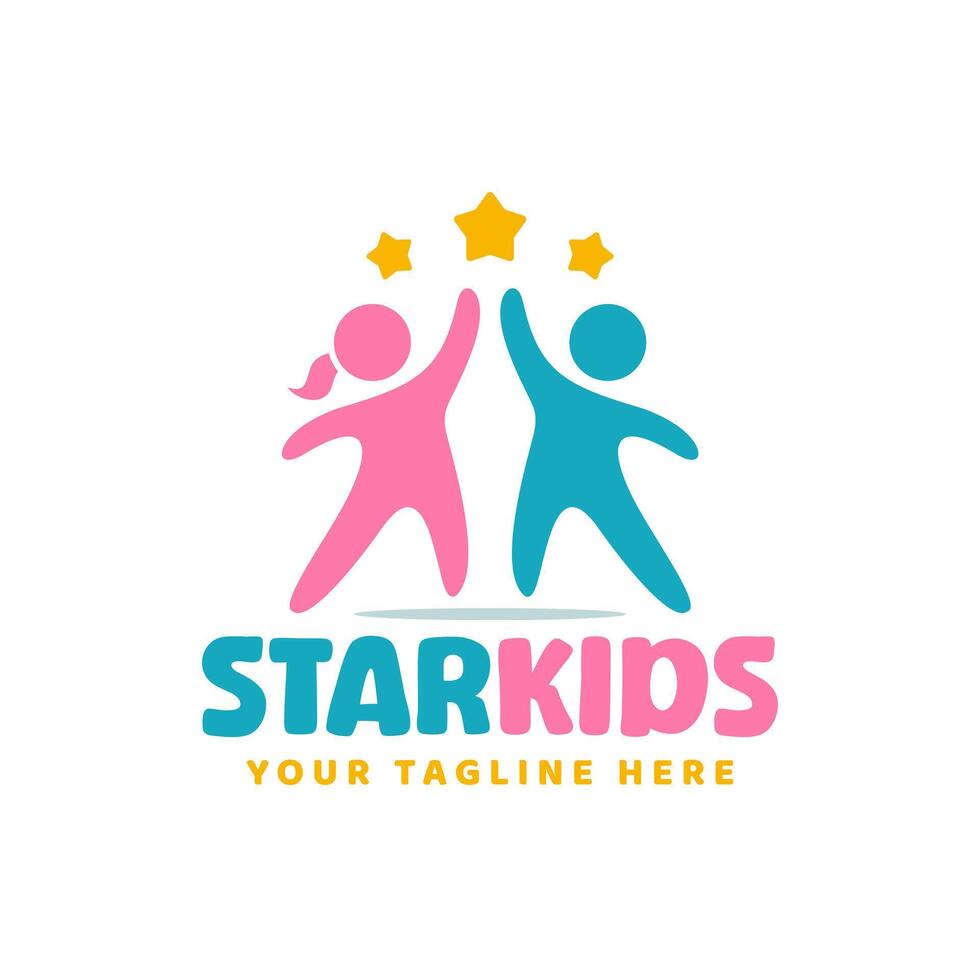 Minimalistic Colorful Modern Logo with Playful Happy Kids and Stars vector