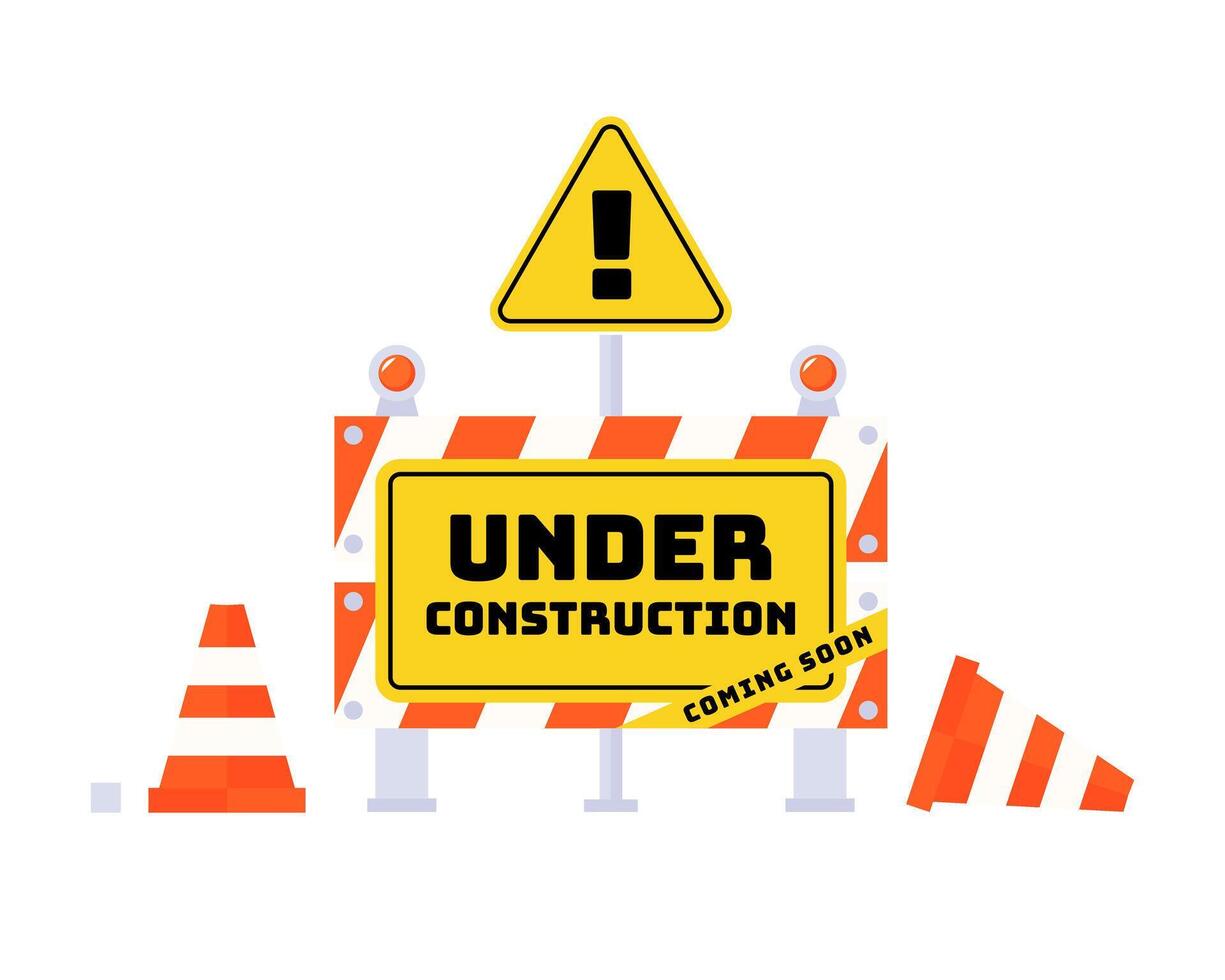 Under Construction stop barrier clipart illustration, Yellow warning sign with a triangle symbol on an under construction background representing danger and caution at a construction site vector