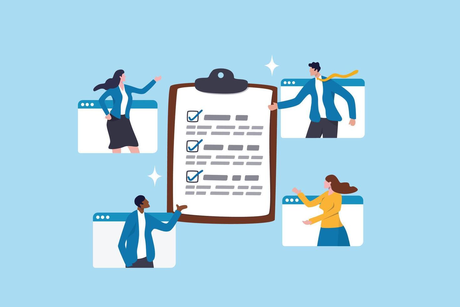Meeting agenda, strategy planning communication, checklist or todo list for teamwork, brainstorm or work discussion, task or meeting reminder clipboard, business people meeting with agenda checklist. vector