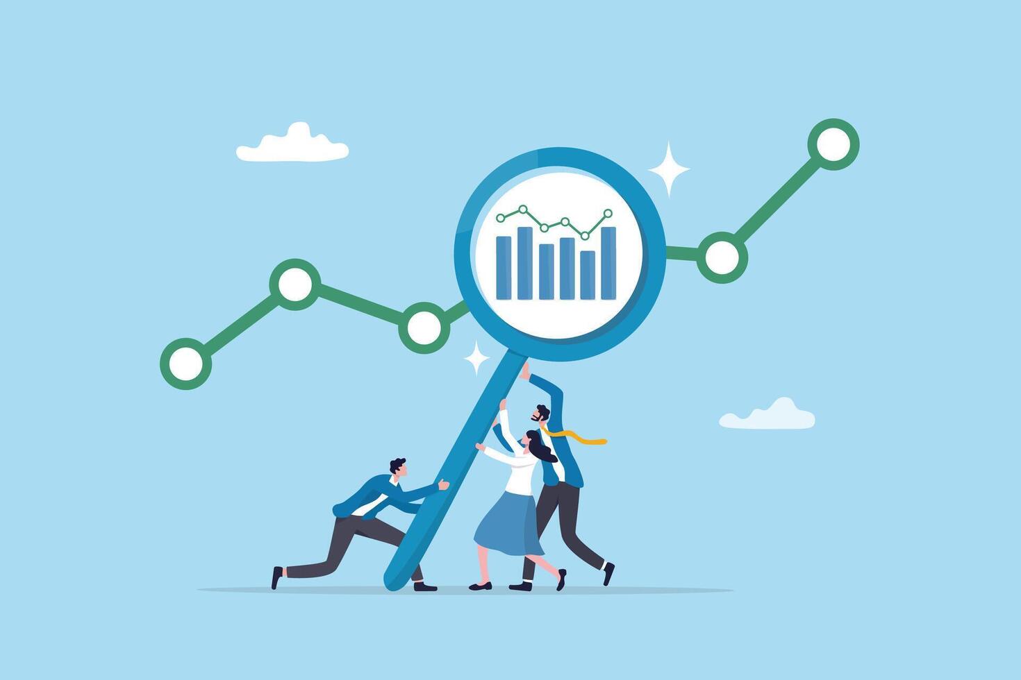 Data analysis, optimization or marketing analytics for statistics improvement, growth or KPI measurement result, chart or diagram concept, business people hold magnifying glass analyzing data chart. vector
