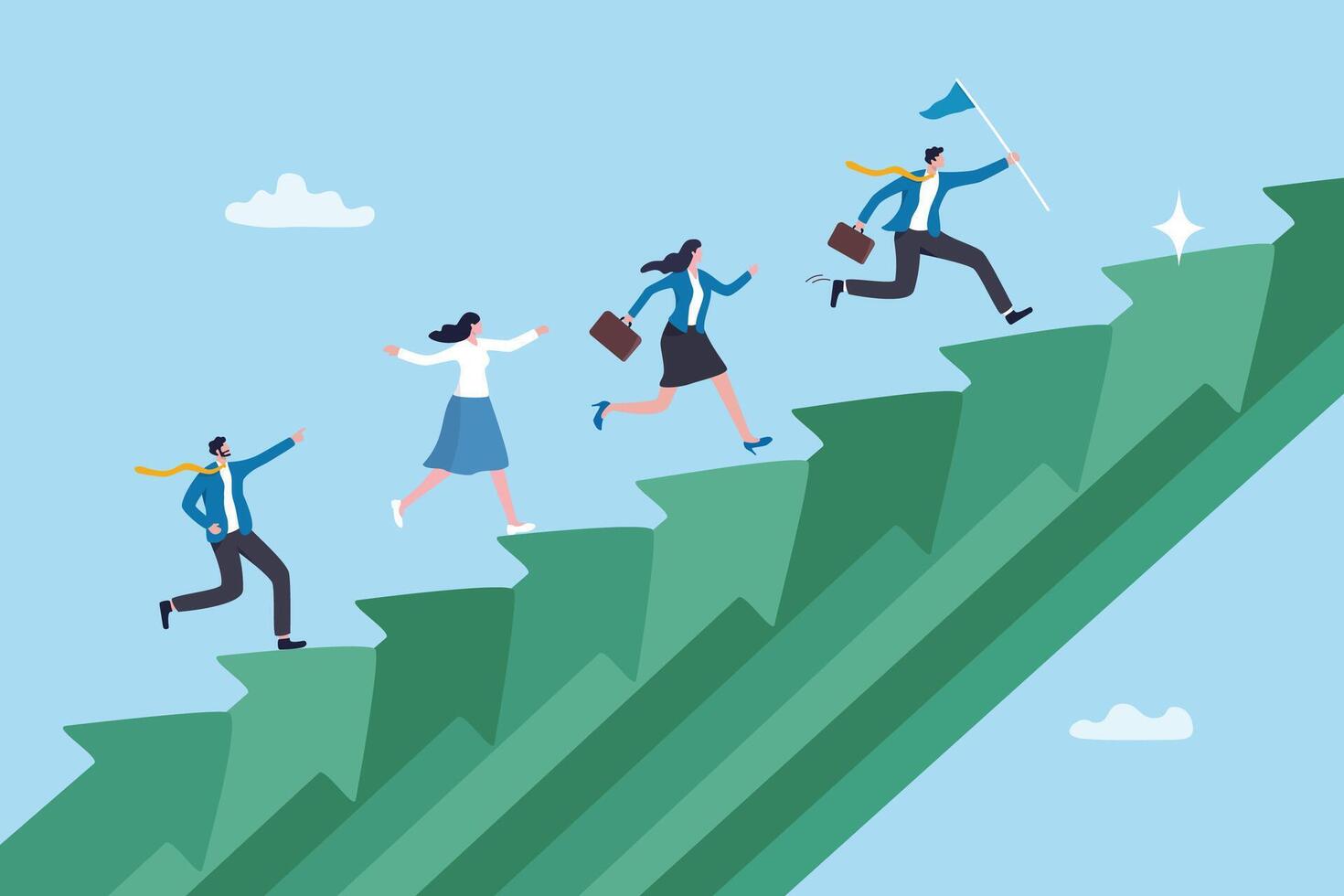 Sustainable growth, long term success or growing business with winning strategy, improvement or steps to team success, productivity concept, business people employee step up sustained growth arrow. vector